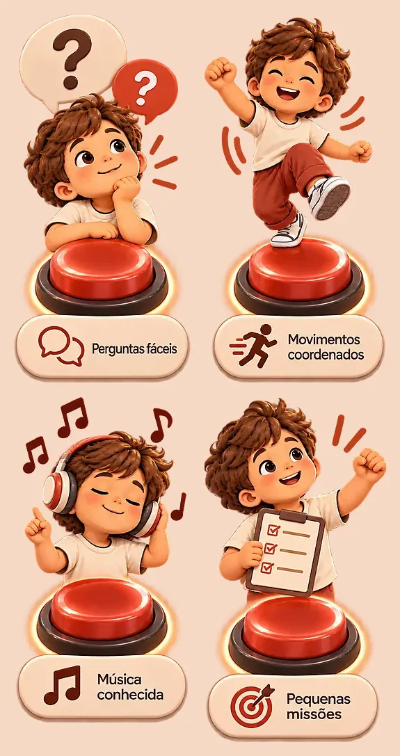 Quatro botões para interromper a birra: perguntas fáceis, movimentos coordenados, música conhecida e pequenas missões